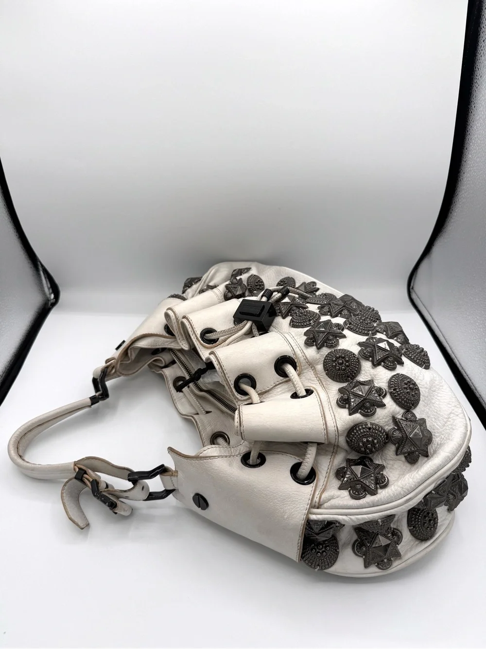 Burberry White Leather Studded Warrior Bag
